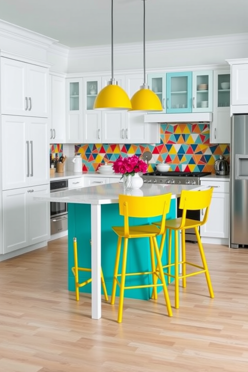 A simple kitchen design featuring bold accent colors that add personality to the space. The cabinetry is a crisp white, while the island is painted in a vibrant teal, creating a striking contrast. Bright yellow bar stools are positioned around the island, providing a cheerful pop of color. The backsplash is adorned with colorful geometric tiles that enhance the kitchen's lively atmosphere.