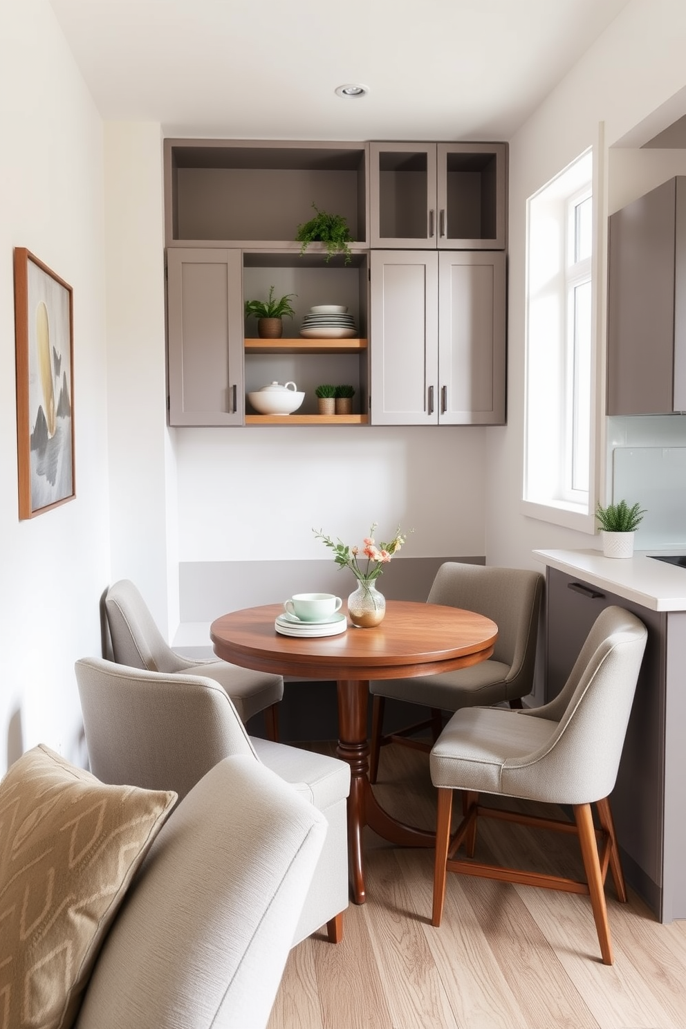 A cozy compact dining nook designed for small spaces features a round wooden table surrounded by upholstered chairs. The walls are painted in a soft pastel color, and a small window lets in natural light, enhancing the inviting atmosphere. The simple kitchen design showcases sleek cabinetry with a minimalist aesthetic. A central island with bar stools provides additional seating, and open shelving displays stylish dishware and plants for a touch of greenery.