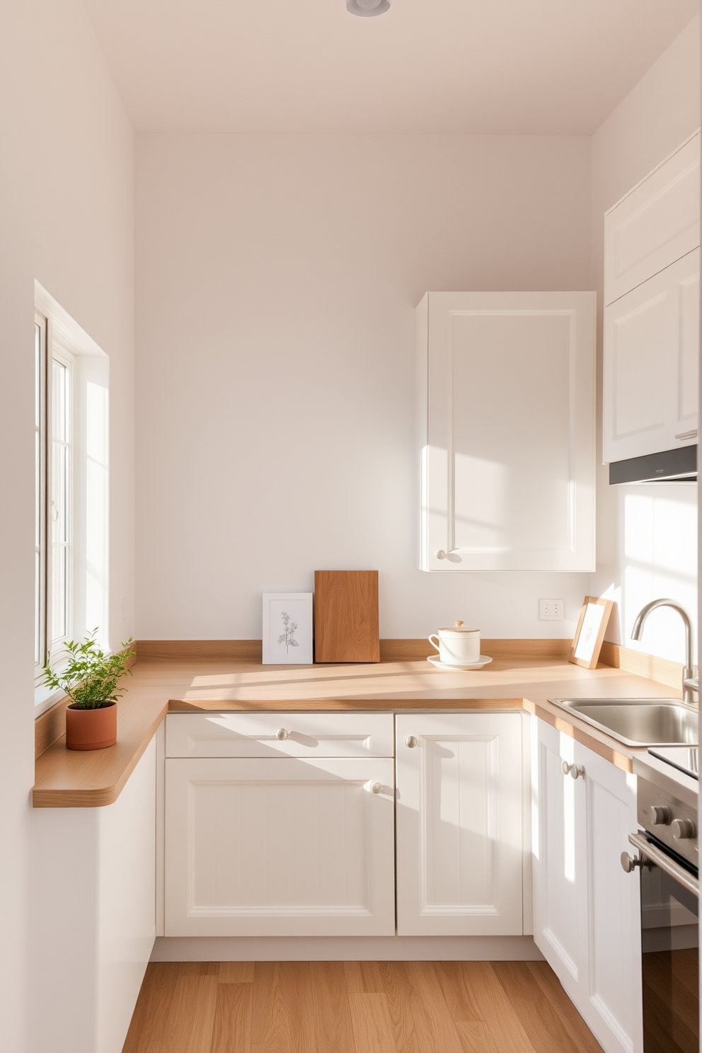 A bright and airy kitchen featuring light-colored cabinets and countertops that create an inviting atmosphere. A large window allows natural light to flood the space, enhancing the soft hues of the decor. The kitchen island is topped with a light marble surface and surrounded by comfortable bar stools. Open shelving displays neatly arranged dishware, adding a touch of warmth and personality to the design.