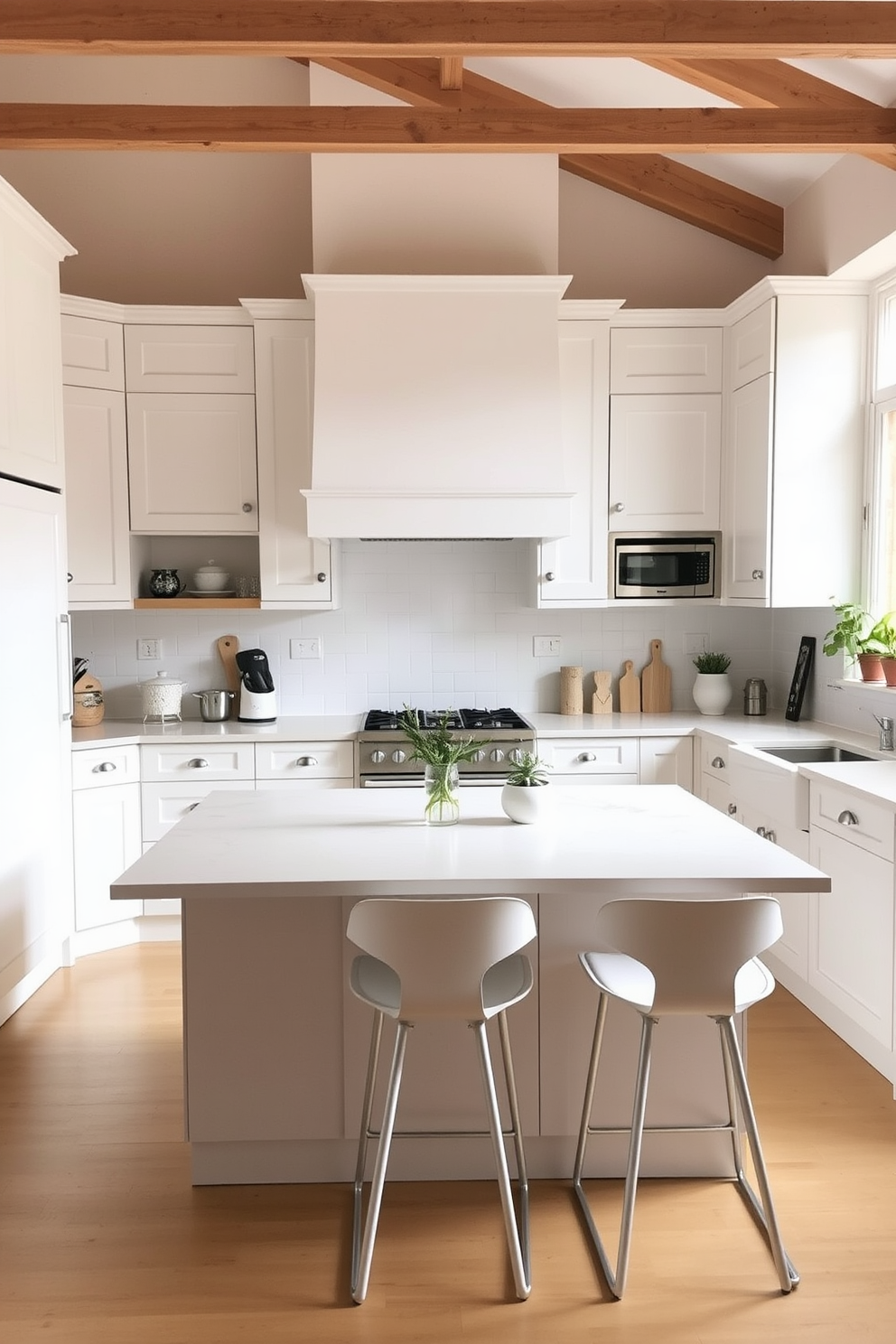 A cozy kitchen featuring a built-in spice rack seamlessly integrated into the cabinetry. The cabinetry is painted in a soft white hue with brushed nickel hardware, creating a fresh and inviting atmosphere. The countertops are made of light gray quartz, providing a durable and stylish surface for meal preparation. A farmhouse sink sits beneath a window, allowing natural light to fill the space and enhance the cheerful ambiance.