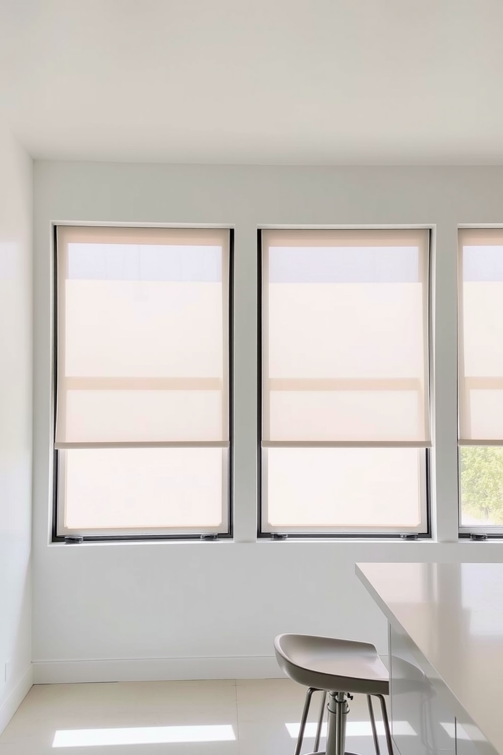 A serene kitchen space with minimalist window treatments that allow natural light to flood in. The curtains are sheer and light-colored, complementing the simplicity of the overall design. The kitchen features sleek cabinetry with clean lines and a neutral color palette. A central island with bar stools creates an inviting atmosphere for casual dining and gatherings.