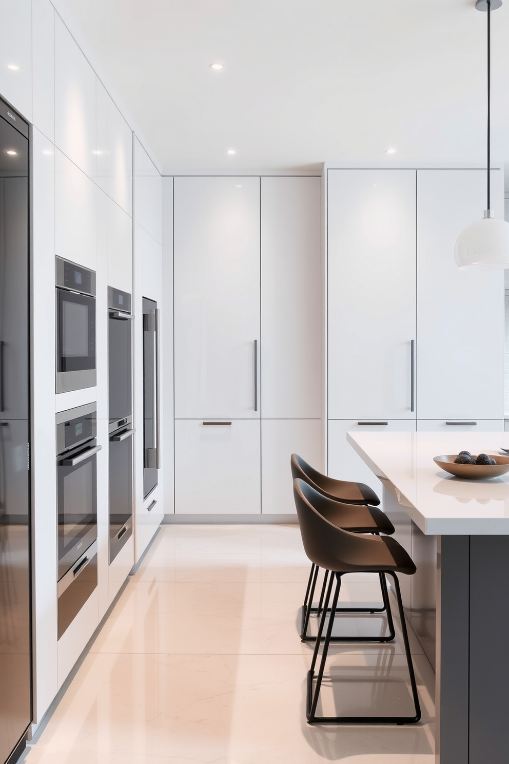 A sleek kitchen featuring concealed appliances that blend seamlessly into cabinetry. The design emphasizes clean lines and minimal clutter, with a neutral color palette of whites and grays. The countertops are made of polished quartz, providing a durable yet elegant surface. A central island serves as both a functional workspace and a casual dining area, adorned with stylish bar stools.