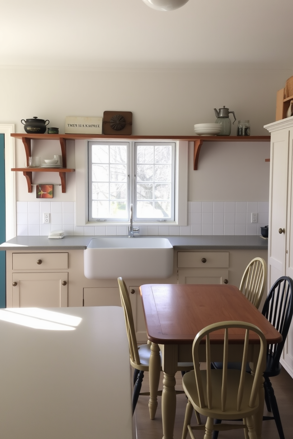 A simple kitchen design featuring clean lines and a functional layout. The cabinetry is painted in a soft white, while a vibrant blue backsplash adds a pop of color. A central island with bar stools provides additional seating and workspace. Decorative items like colorful dishware and vibrant plants enhance the overall aesthetic.