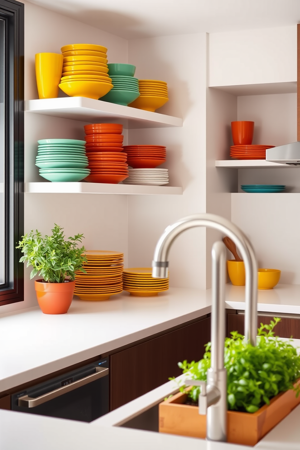 Brightly colored dishware arranged neatly on open shelves adds a vibrant touch to the kitchen. The countertops are minimalistic, featuring a sleek surface paired with a modern faucet and a small herb garden for a fresh, inviting atmosphere.