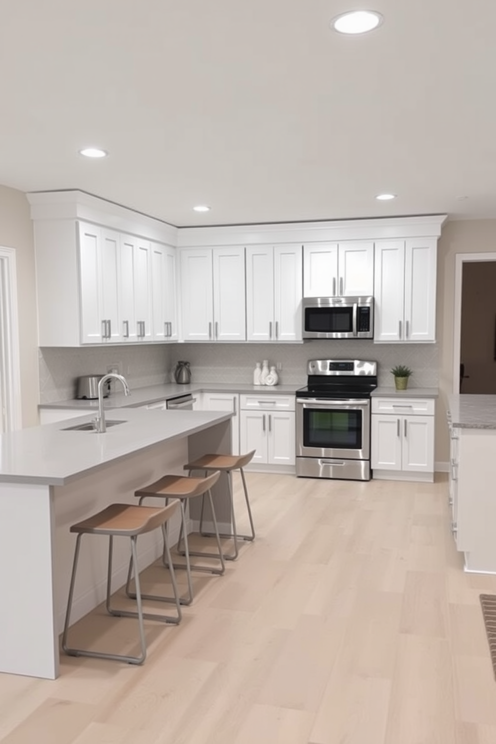 A simple kitchen design featuring clean lines and an open layout. The cabinetry is painted in a soft white, complemented by a sleek gray countertop and stainless steel appliances. The backsplash showcases simple geometric patterns in muted tones, adding a modern touch to the space. A large island with barstool seating serves as both a functional workspace and a casual dining area.