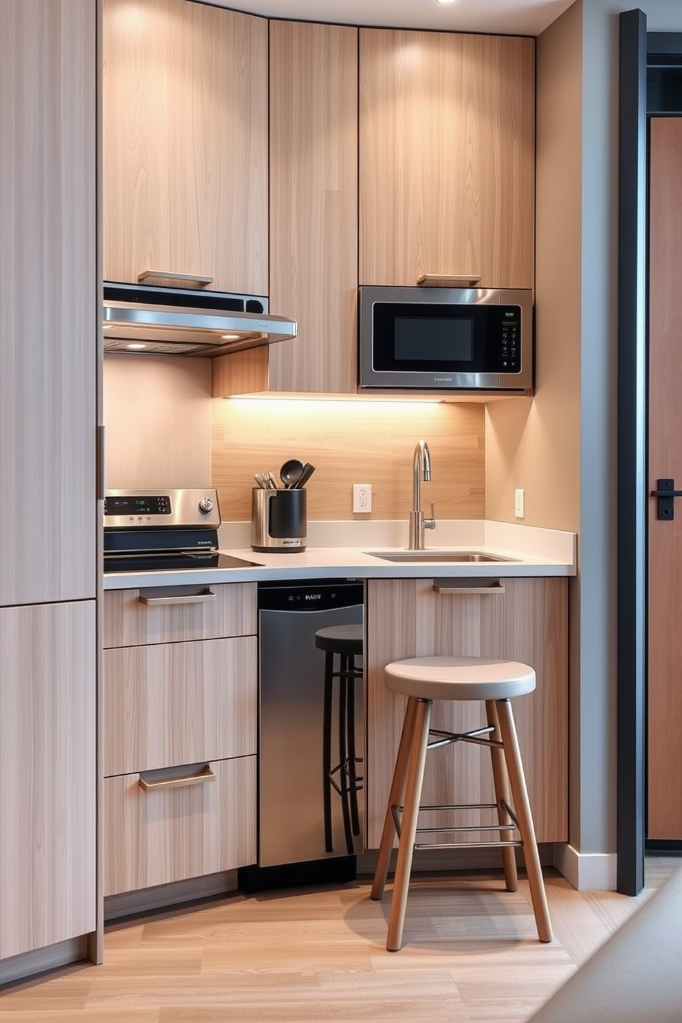 A compact kitchen featuring sleek, modern appliances designed to maximize efficiency. The cabinetry is finished in a light wood tone, creating an airy and open feel. The countertop is made of durable quartz, providing ample workspace without overwhelming the small area. A small dining nook with two stools is integrated into the design, perfect for casual meals.