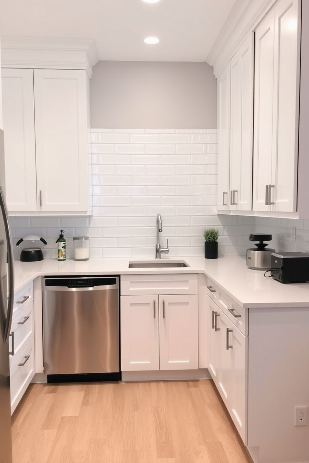 A simple kitchen design featuring sleek cabinetry in a soft gray finish. The space includes a central island with a white quartz countertop, complemented by stylish pendant lights hanging above for illumination.