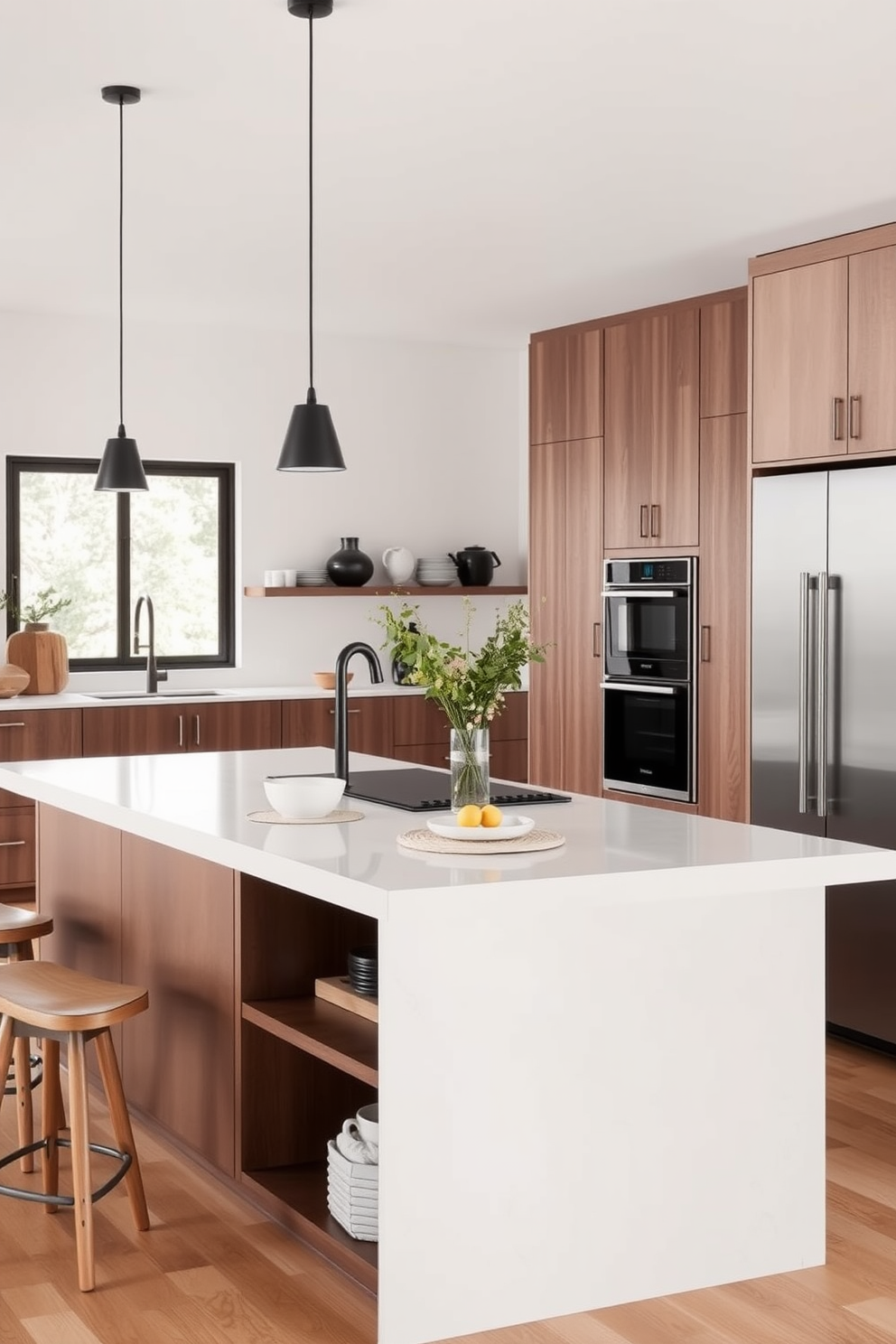 A simple kitchen design featuring a spacious layout with light wood cabinetry and a white subway tile backsplash. In the center, a large kitchen island provides ample prep space, topped with a sleek quartz countertop. The island is complemented by stylish bar stools, creating a casual dining area. Natural light floods the room through large windows, highlighting the warm tones of the wooden floors.