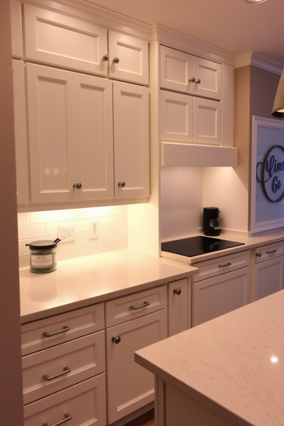 A simple kitchen design featuring sleek cabinetry in a soft white finish. The countertops are made of light gray quartz, and under-cabinet lighting creates a warm ambiance throughout the space. The kitchen includes a central island with bar seating for casual dining. Stainless steel appliances complement the minimalist aesthetic, while a potted herb garden adds a touch of greenery.