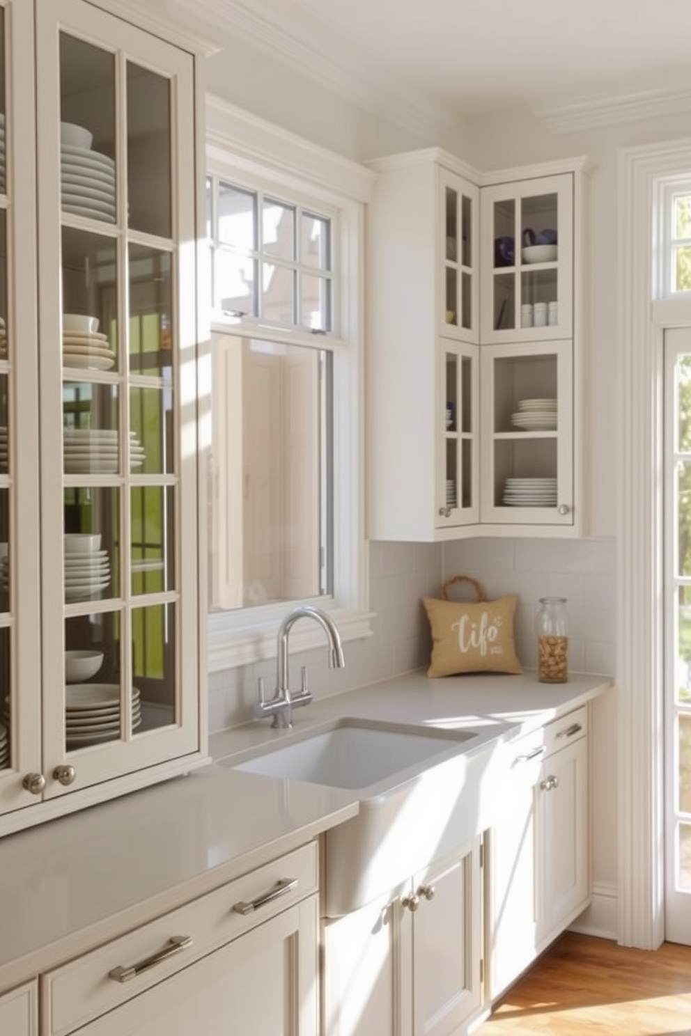 A warm and inviting kitchen features glass-front cabinets that elegantly showcase an array of colorful dishware. The cabinetry is complemented by a sleek countertop and minimalist hardware, creating a cohesive and modern aesthetic. Natural light floods the space through a large window above the sink, illuminating the soft color palette of whites and light grays. A charming breakfast nook with a small table and comfortable seating invites casual dining and conversation.