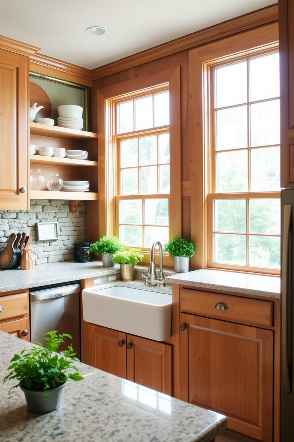 A stylish kitchen featuring a backsplash with bold geometric patterns in vibrant colors. The cabinetry is sleek and minimalist, complemented by stainless steel appliances and a large farmhouse sink. The countertops are made of white quartz, creating a bright and airy feel. A wooden island with bar stools provides additional seating and a space for meal prep.