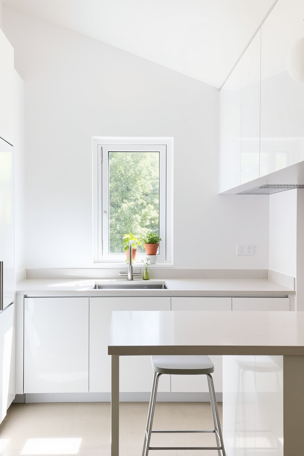 A minimalist kitchen with sleek cabinetry in a soft white finish. The countertops are made of light gray quartz, and a simple island features two minimalist bar stools. Natural light floods the space through a large window above the sink. A few potted herbs sit on the windowsill, adding a touch of greenery to the clean aesthetic.