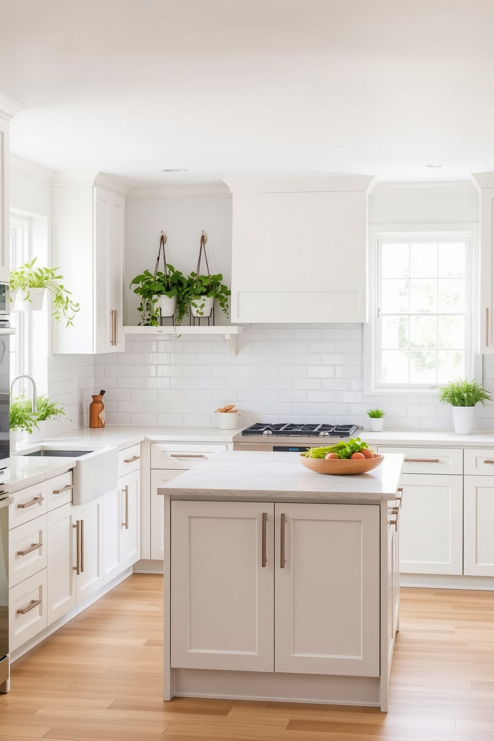 A simple kitchen design featuring a bright and airy layout. There are white cabinets with sleek handles and a large island in the center topped with a light gray quartz countertop. Incorporate greenery with potted herbs on the windowsill and hanging plants above the sink. The backsplash is a subtle subway tile in soft pastel colors, complementing the overall fresh aesthetic.