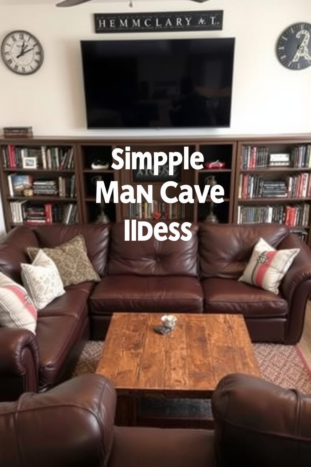 Cozy leather couch with throw pillows. The couch is positioned in a relaxed arrangement, complemented by a rustic coffee table made of reclaimed wood. Simple Man Cave Design Ideas. The space features a large flat-screen TV mounted on the wall, surrounded by shelves filled with books and memorabilia.