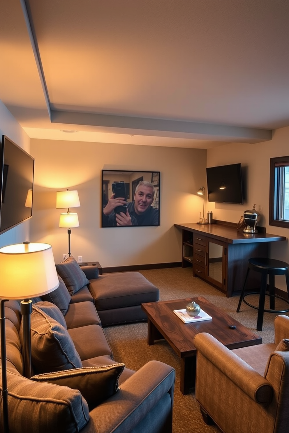 A striking industrial-style shelving unit made of reclaimed wood and black metal pipes stands against a brick wall. It holds an array of books and decorative items, creating a warm and inviting atmosphere. A cozy man cave designed with deep leather seating and a rustic wooden coffee table. The space features ambient lighting and a large flat-screen TV, perfect for relaxing and entertaining.