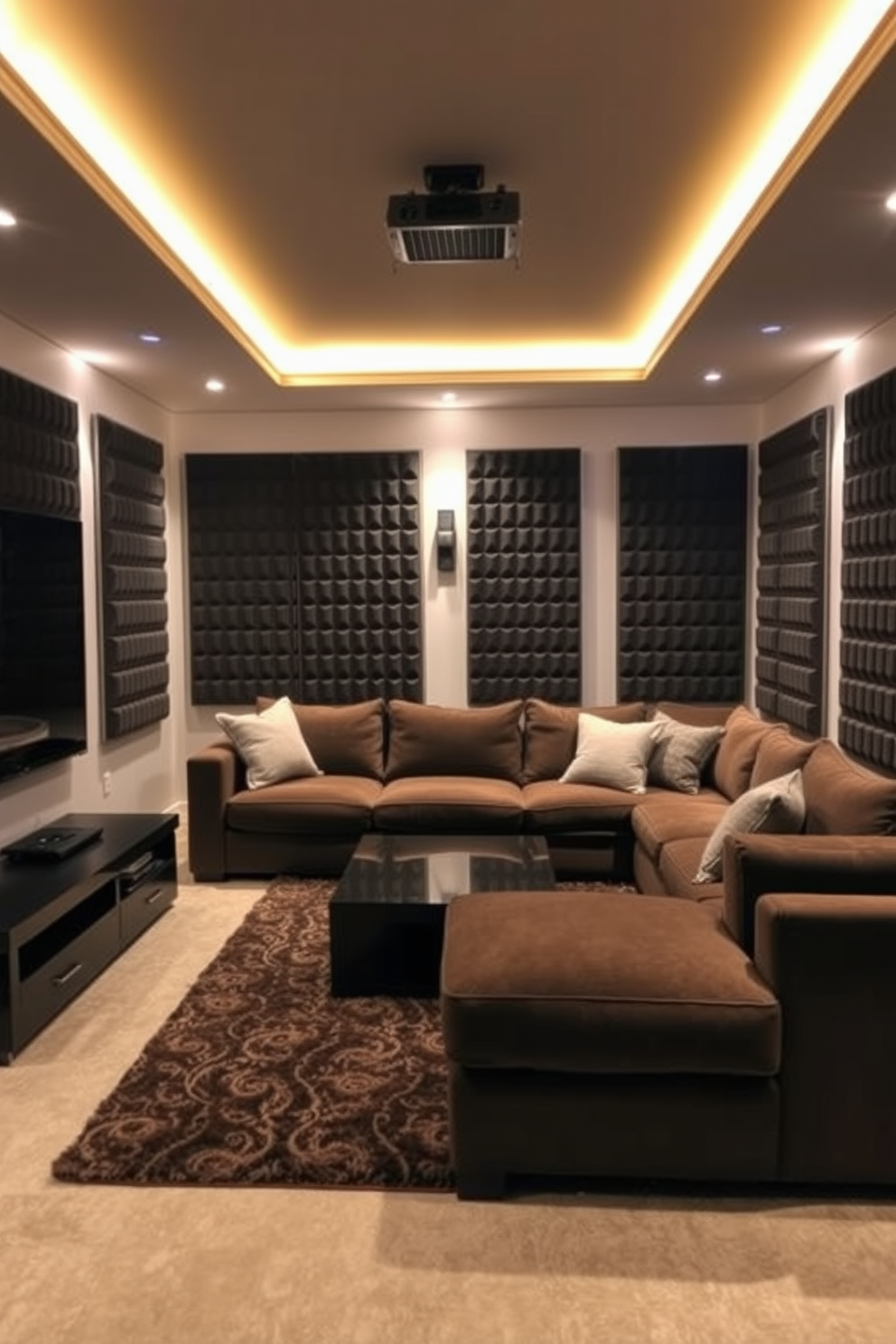 A cozy man cave designed for relaxation and entertainment. The room features soundproofing panels on the walls to ensure a quiet atmosphere, while plush seating invites comfort. In one corner, a large sectional sofa is paired with a sleek coffee table. Ambient lighting creates a warm glow, enhancing the inviting feel of the space.