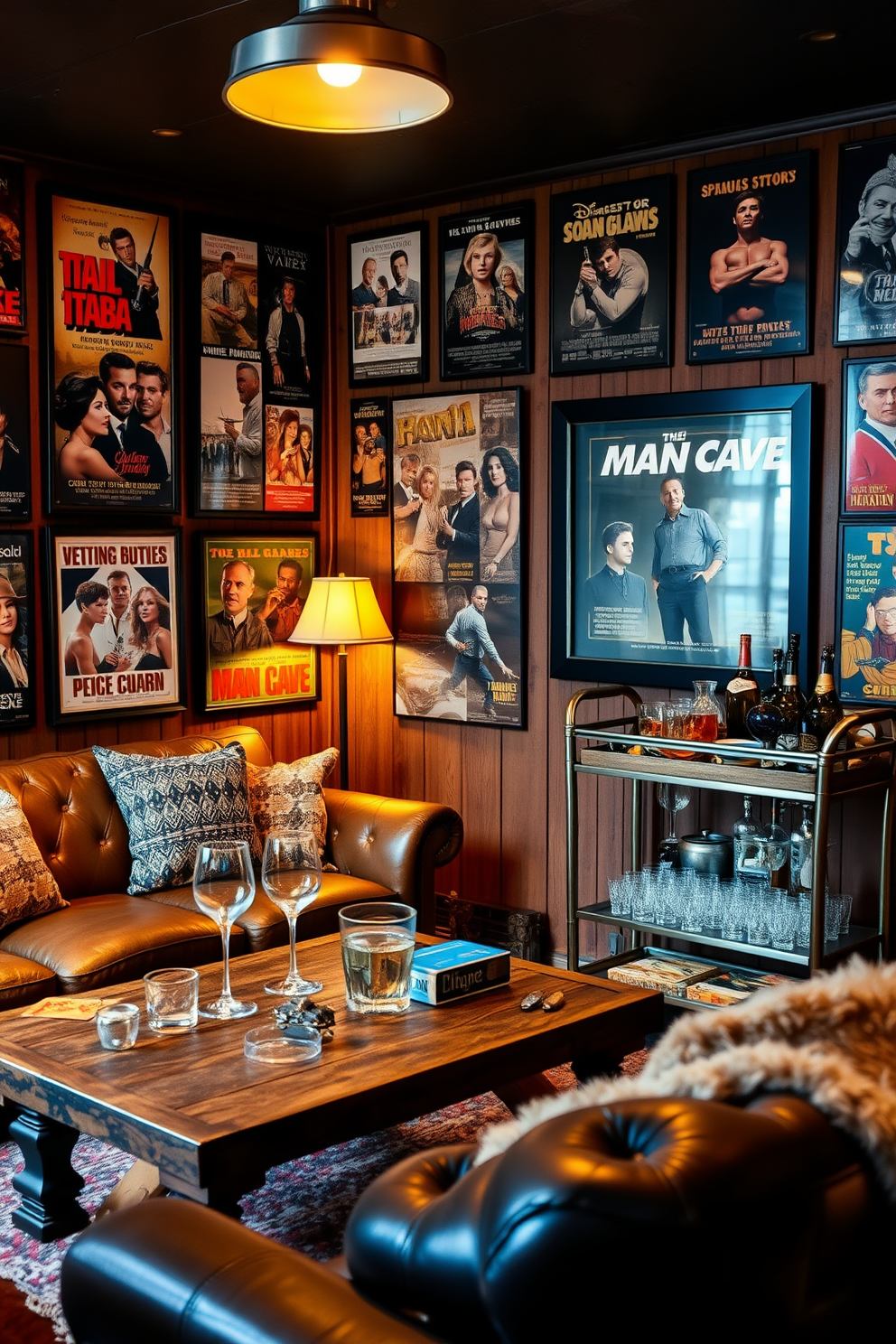 A cozy man cave featuring vintage movie posters on the walls creates a nostalgic atmosphere. The space includes a comfortable leather sofa, a rustic coffee table, and ambient lighting to enhance the relaxed vibe. Incorporate a vintage bar cart stocked with classic drinks and glassware for an inviting touch. The room is accented with warm wood tones and plush textiles to ensure comfort and style.