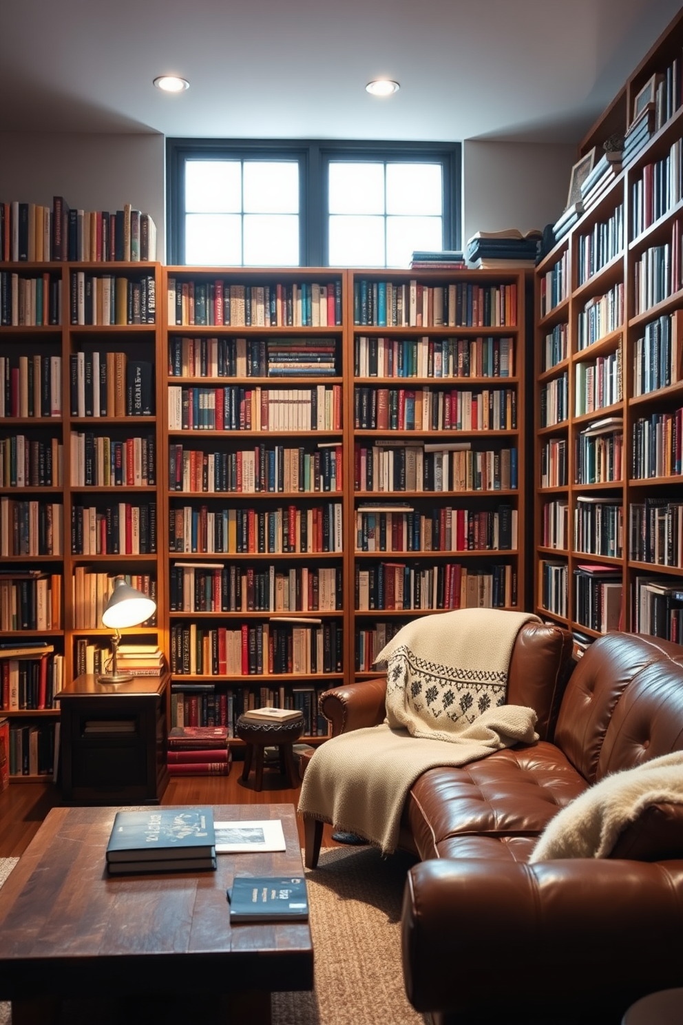 A wall of books creates an inviting study atmosphere filled with warmth and character. The shelves are lined with a diverse collection of books, complemented by a cozy reading nook featuring a plush armchair and a soft throw blanket. For a simple man cave design, focus on a relaxed and masculine aesthetic. Incorporate elements like a leather sofa, a rustic coffee table, and ambient lighting to create a comfortable retreat.