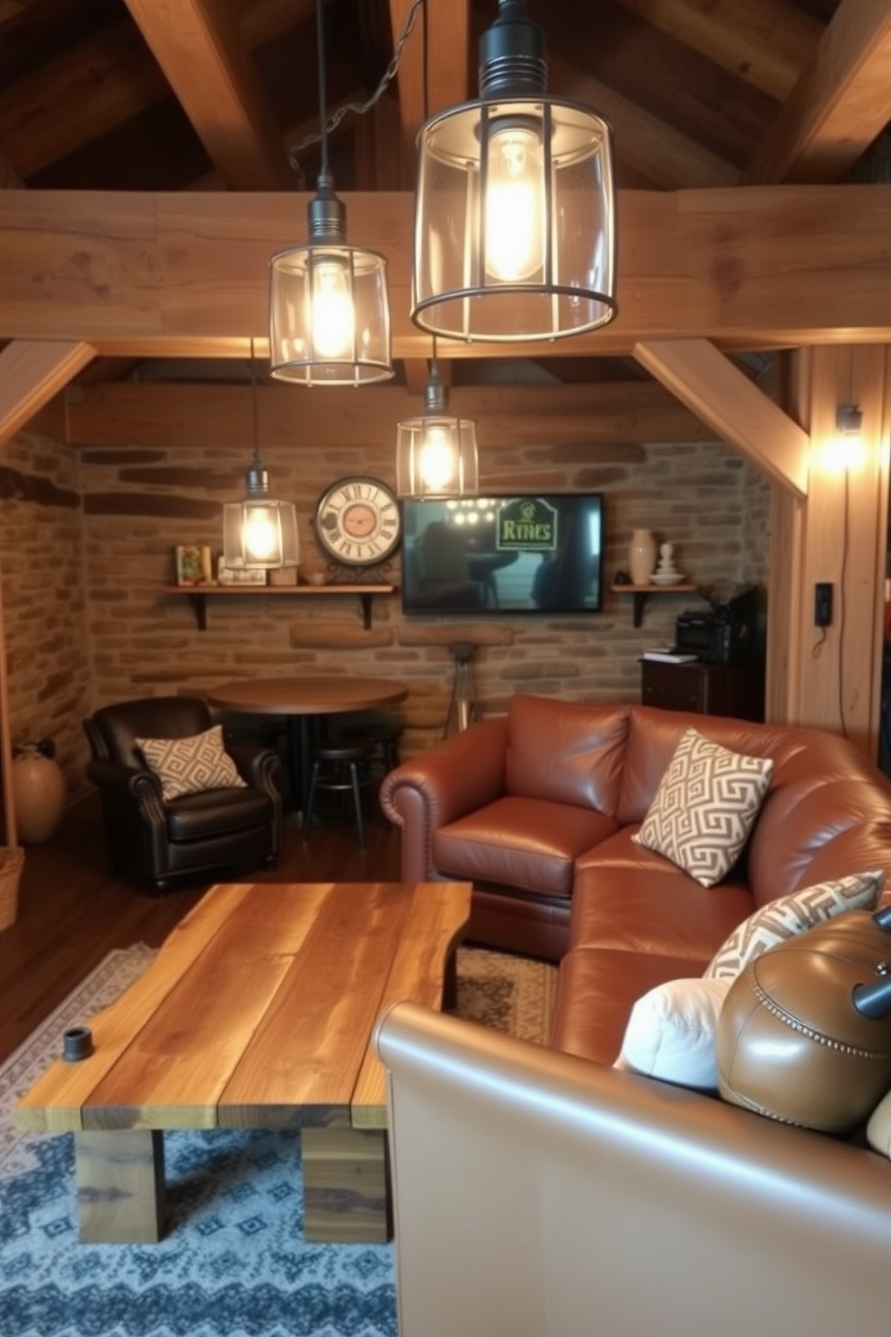 A cozy man cave featuring industrial-style lighting fixtures hanging from exposed beams. The room is furnished with a large leather sectional sofa and a reclaimed wood coffee table, creating a relaxed atmosphere.