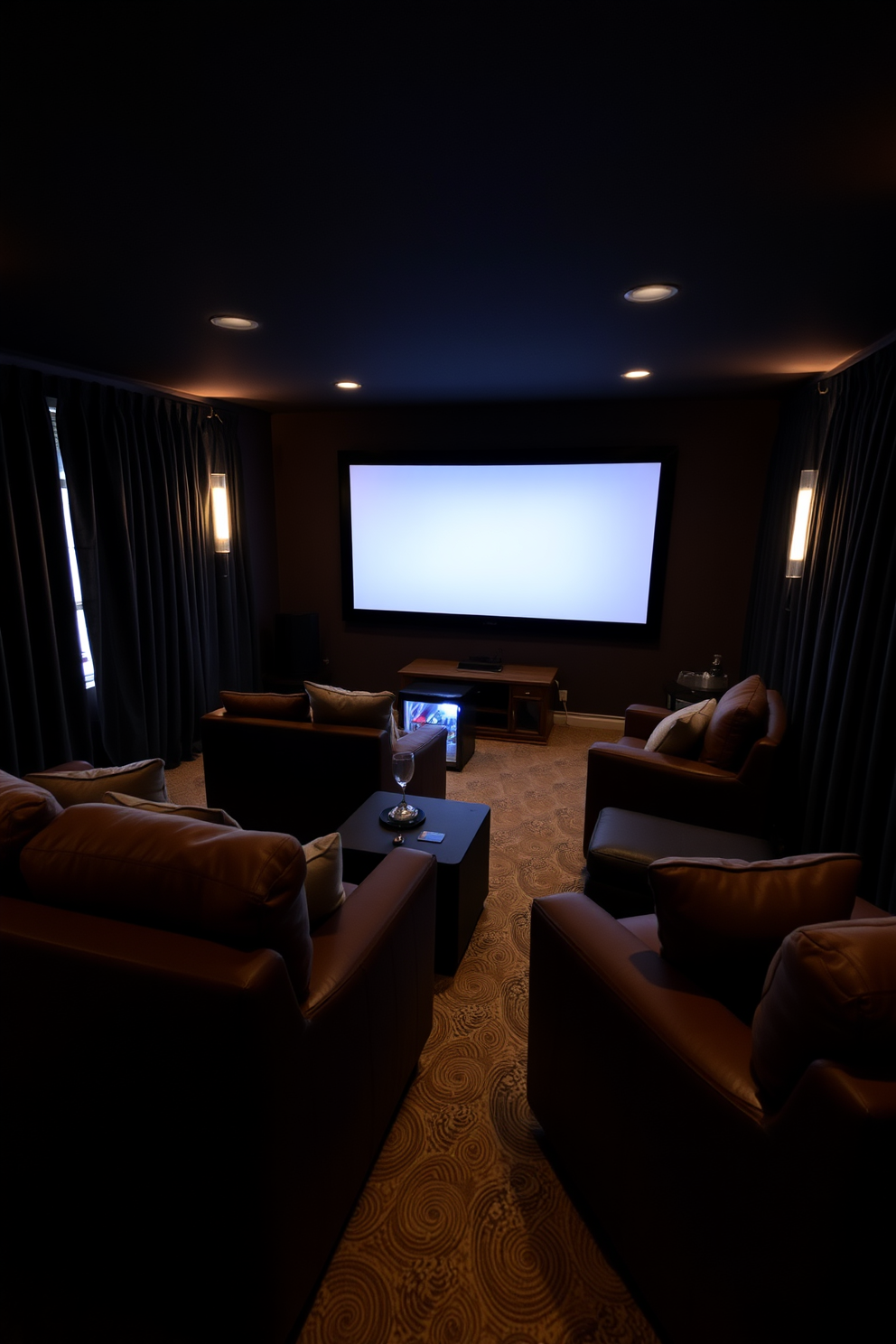 A cozy man cave designed for movie nights features plush seating arranged around a large screen. The walls are painted in a dark, rich color, and blackout curtains hang over the windows to create an immersive viewing experience. The space includes a mini-fridge stocked with snacks and drinks for convenience. Ambient lighting is strategically placed to enhance the atmosphere while keeping the focus on the screen.