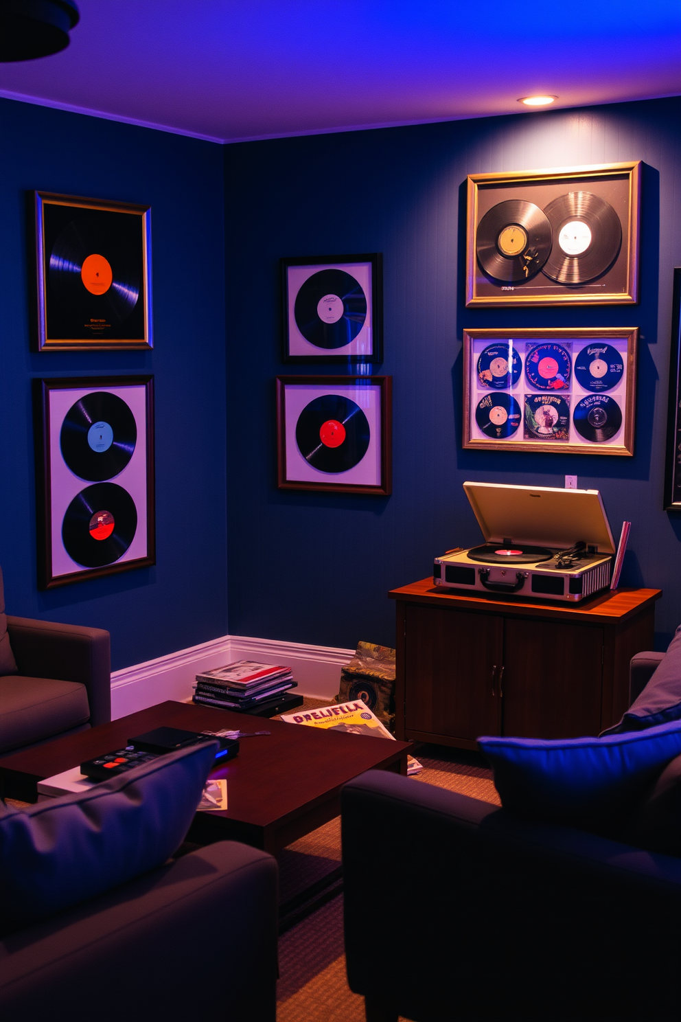 A cozy man cave featuring framed vinyl records on the walls. The space is adorned with comfortable seating, a stylish coffee table, and ambient lighting for a relaxed atmosphere. The walls are painted in a deep blue color, creating a warm and inviting backdrop. A vintage record player sits on a wooden console, surrounded by a collection of classic albums for music enthusiasts to enjoy.