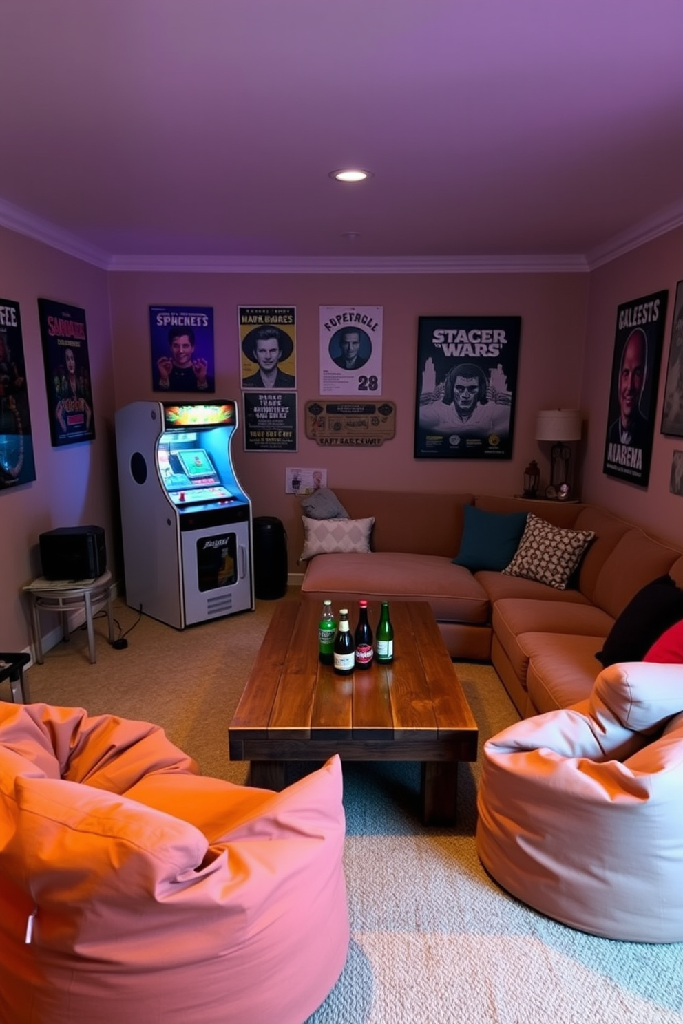 A vintage arcade game sits prominently in the corner of a cozy man cave, surrounded by soft ambient lighting that creates a warm atmosphere. The walls are adorned with retro posters, and a plush sectional sofa invites relaxation, complementing the nostalgic vibe of the space. Incorporate a rustic wooden coffee table at the center, paired with comfortable bean bags for casual seating. A mini fridge stocked with drinks adds convenience, making this man cave the perfect spot for entertainment and leisure.