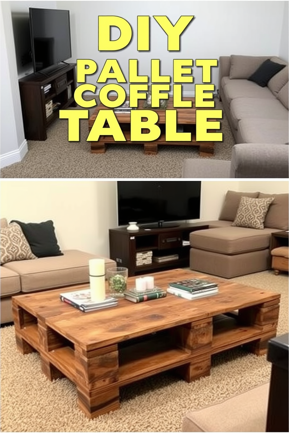 A DIY pallet coffee table made from reclaimed wood adds rustic charm to any living space. The table features a weathered finish and is adorned with decorative items like candles and books for a cozy ambiance. Simple man cave design ideas include a comfortable sectional sofa paired with a large flat-screen TV. Incorporate dark wood accents and soft lighting to create a warm and inviting atmosphere.