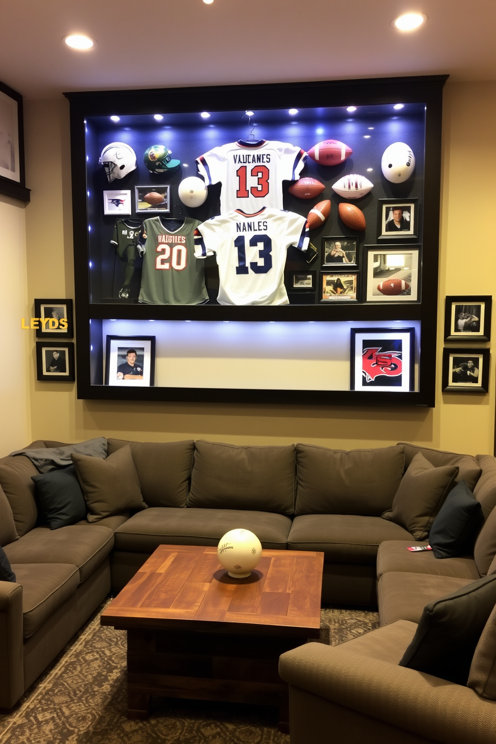 A sports memorabilia display case is mounted on the wall, showcasing a collection of jerseys, signed balls, and framed photographs. The case is illuminated with soft LED lights to highlight the memorabilia and create an inviting atmosphere. The man cave features a comfortable sectional sofa positioned around a rustic coffee table, ideal for gatherings and relaxation. Dark wood accents and a neutral color palette enhance the cozy yet stylish vibe of the space.