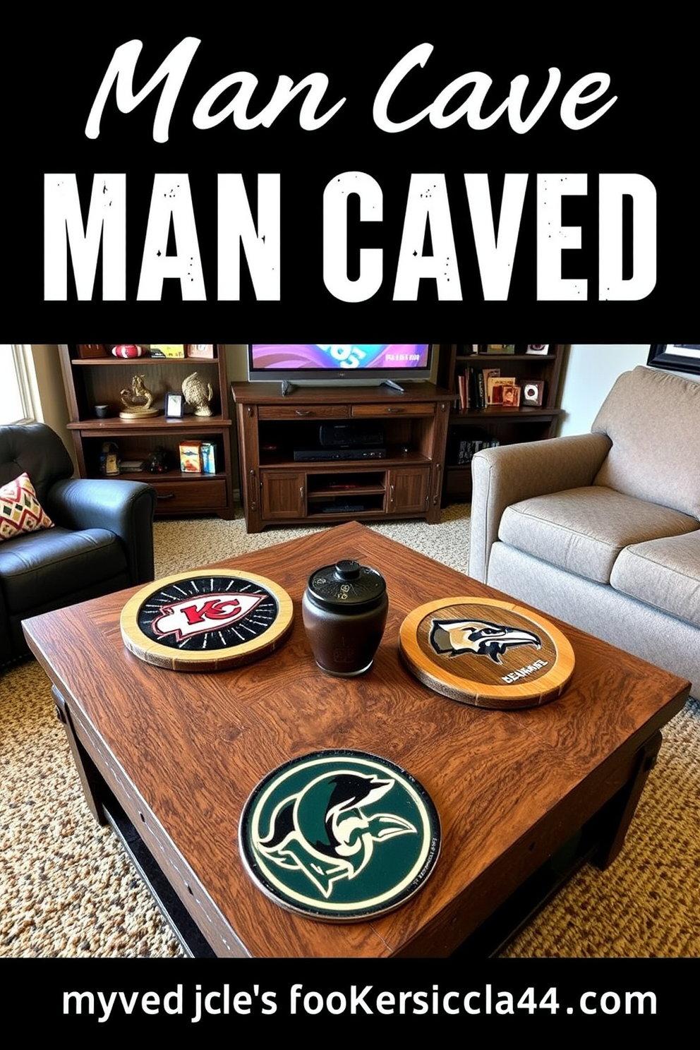 Unique coasters featuring favorite teams can be designed using wood or resin with the team logos intricately inlaid. These coasters can be complemented by a rustic coffee table that showcases memorabilia from the teams. Simple man cave design ideas include a comfortable sectional sofa in a deep color to create a cozy atmosphere. Incorporating a large screen for entertainment along with shelves for games and collectibles will enhance the space's functionality.