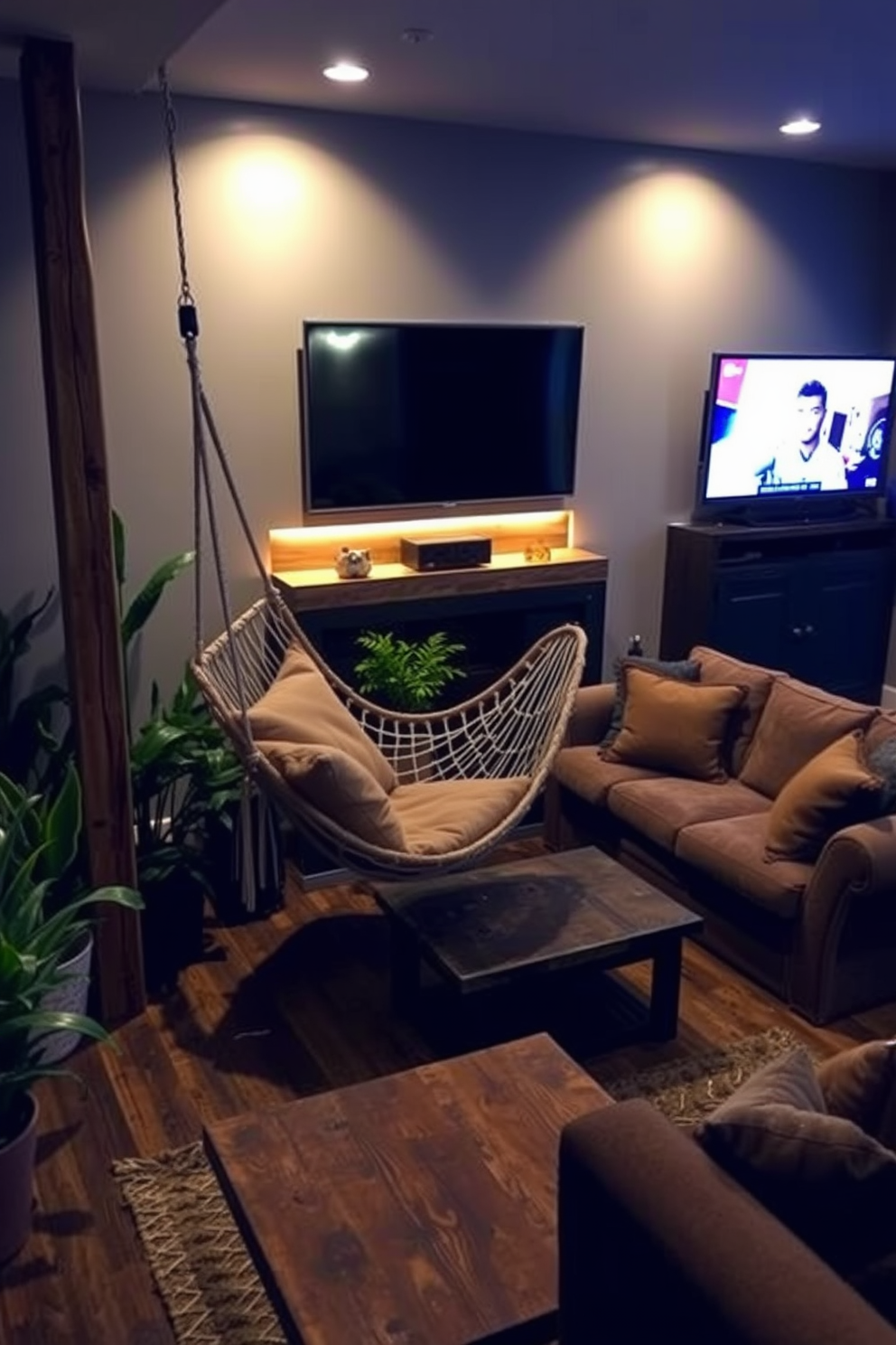 A cozy relaxation corner featuring a hammock chair suspended between two sturdy wooden posts. Soft cushions in earthy tones are placed on the hammock, surrounded by potted plants that create a serene atmosphere. A stylish man cave design with a focus on comfort and entertainment. The space includes a large sectional sofa facing a wall-mounted flat-screen TV, complemented by a rustic coffee table and ambient lighting for a warm ambiance.