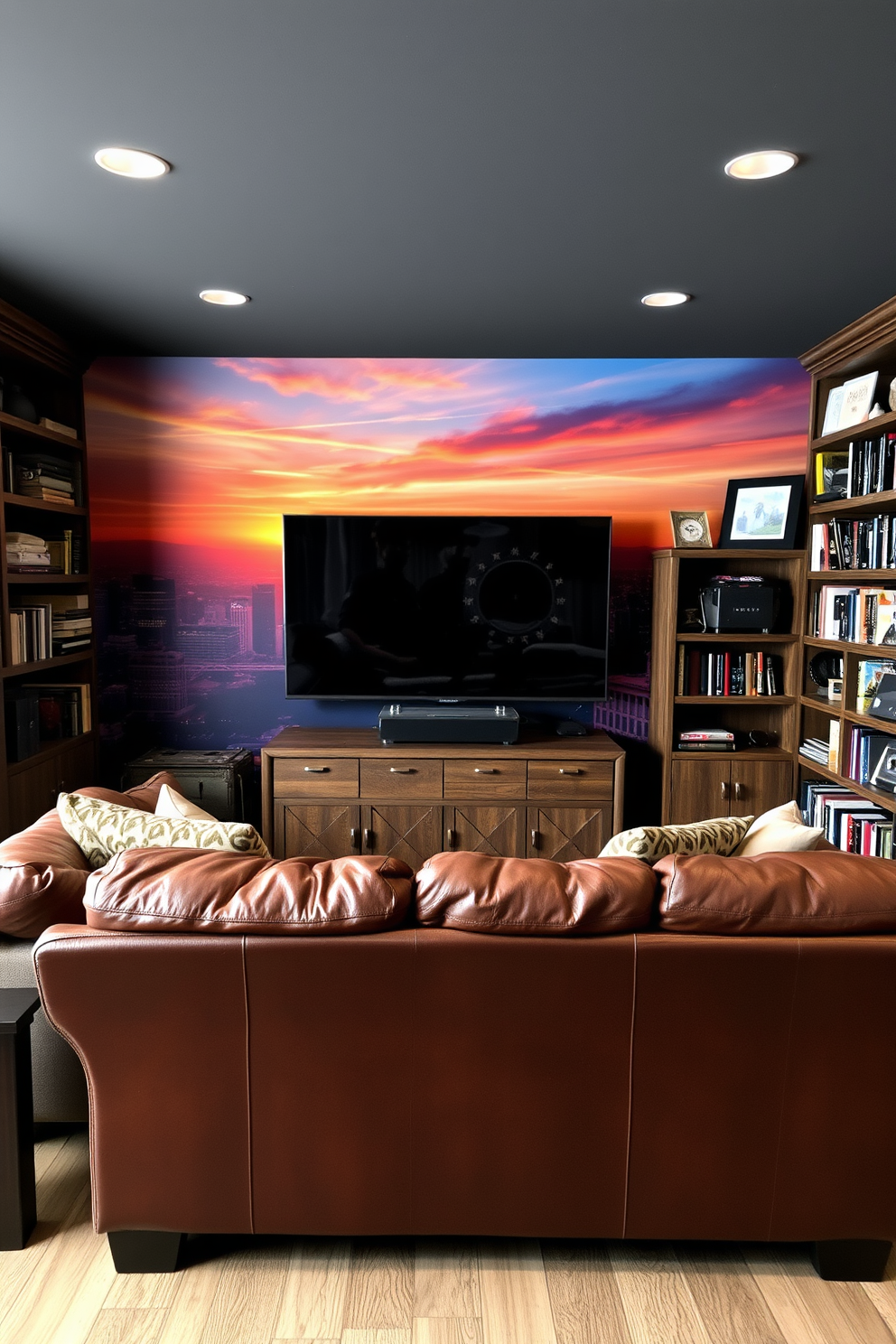 Custom mural for a personal touch. The mural features a vibrant city skyline at sunset, blending warm oranges and cool blues to create a dynamic atmosphere. Simple Man Cave Design Ideas. The space includes a plush leather sofa facing a large flat-screen TV, with rustic wooden shelves filled with books and memorabilia.