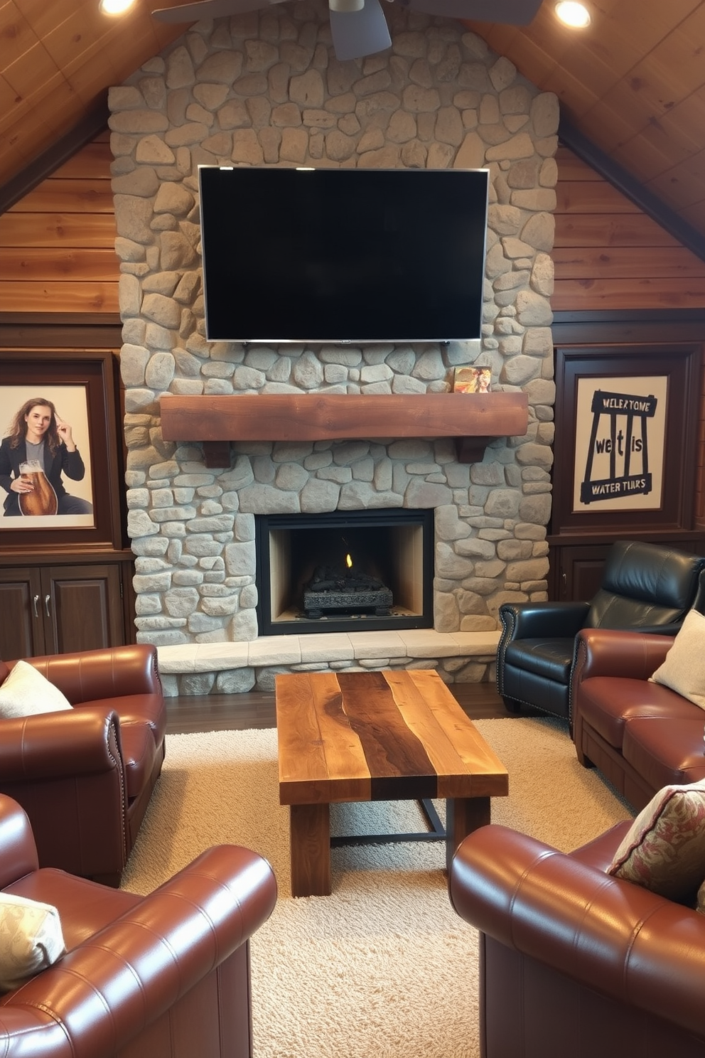 A unique coffee table with built-in storage features a sleek design made from reclaimed wood. The table is adorned with a glass top, providing a modern touch while offering ample space for books and decorative items. For a simple man cave design, the room is anchored by a large sectional sofa in a dark leather finish. A rustic wooden coffee table sits in front, complemented by a large flat-screen TV mounted on the wall for an inviting entertainment space.