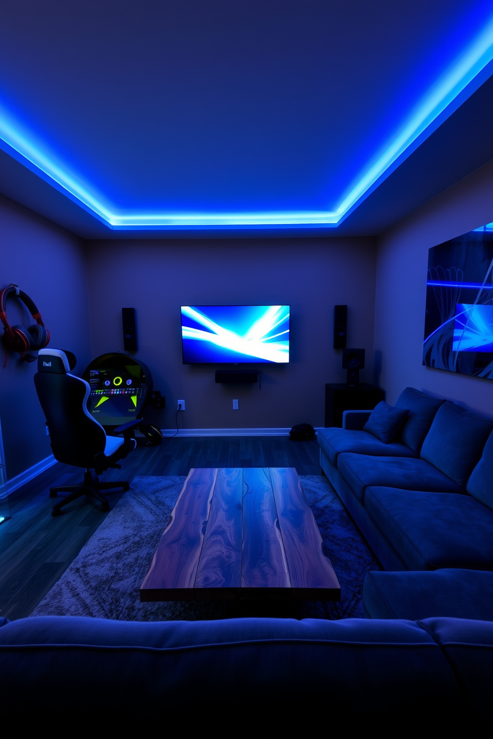 Sleek gaming setup with ergonomic chair. The room features a large curved monitor mounted on the wall, with LED strip lights illuminating the space in a vibrant blue hue. Simple Man Cave Design Ideas. The area includes a plush sectional sofa facing a wall-mounted television, with a rustic coffee table made from reclaimed wood at the center.