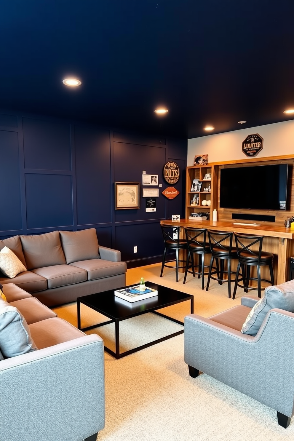 Accent wall in a bold navy blue color featuring geometric patterns. The room is furnished with a plush grey sectional sofa and a sleek black coffee table. Simple man cave design ideas include a rustic wooden bar with high stools and a large flat-screen TV mounted on the wall. The space is accented with vintage sports memorabilia and warm ambient lighting for a cozy atmosphere.