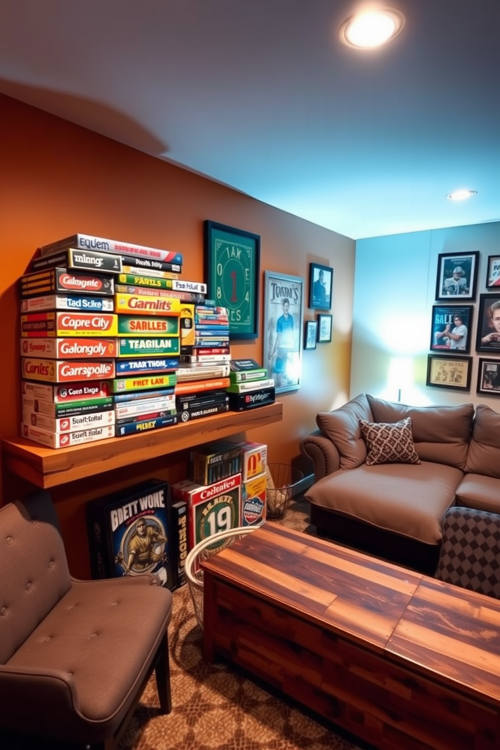 A classic board games collection is displayed on a wooden shelf, showcasing various colorful game boxes stacked neatly. The shelf is positioned against a warm, inviting wall, creating a nostalgic atmosphere. The man cave features a cozy seating arrangement with a plush sectional sofa and a rustic coffee table. Ambient lighting casts a soft glow, enhancing the relaxed vibe of the space while framed sports memorabilia decorates the walls.