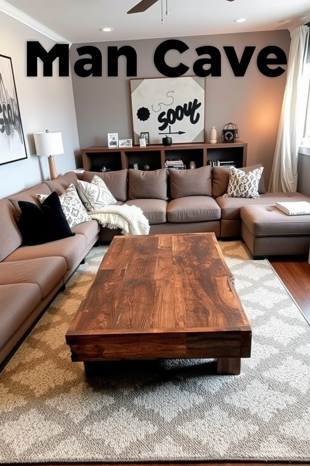 A cozy man cave featuring a large sectional sofa adorned with comfortable throw blankets in various textures and colors. The walls are painted a deep navy blue, and a rustic wooden coffee table sits in the center, complemented by soft ambient lighting from stylish floor lamps. Incorporate a mini bar area with sleek shelves displaying an array of spirits and glassware. A vintage rug adds warmth to the space, while framed artwork and sports memorabilia personalize the room.