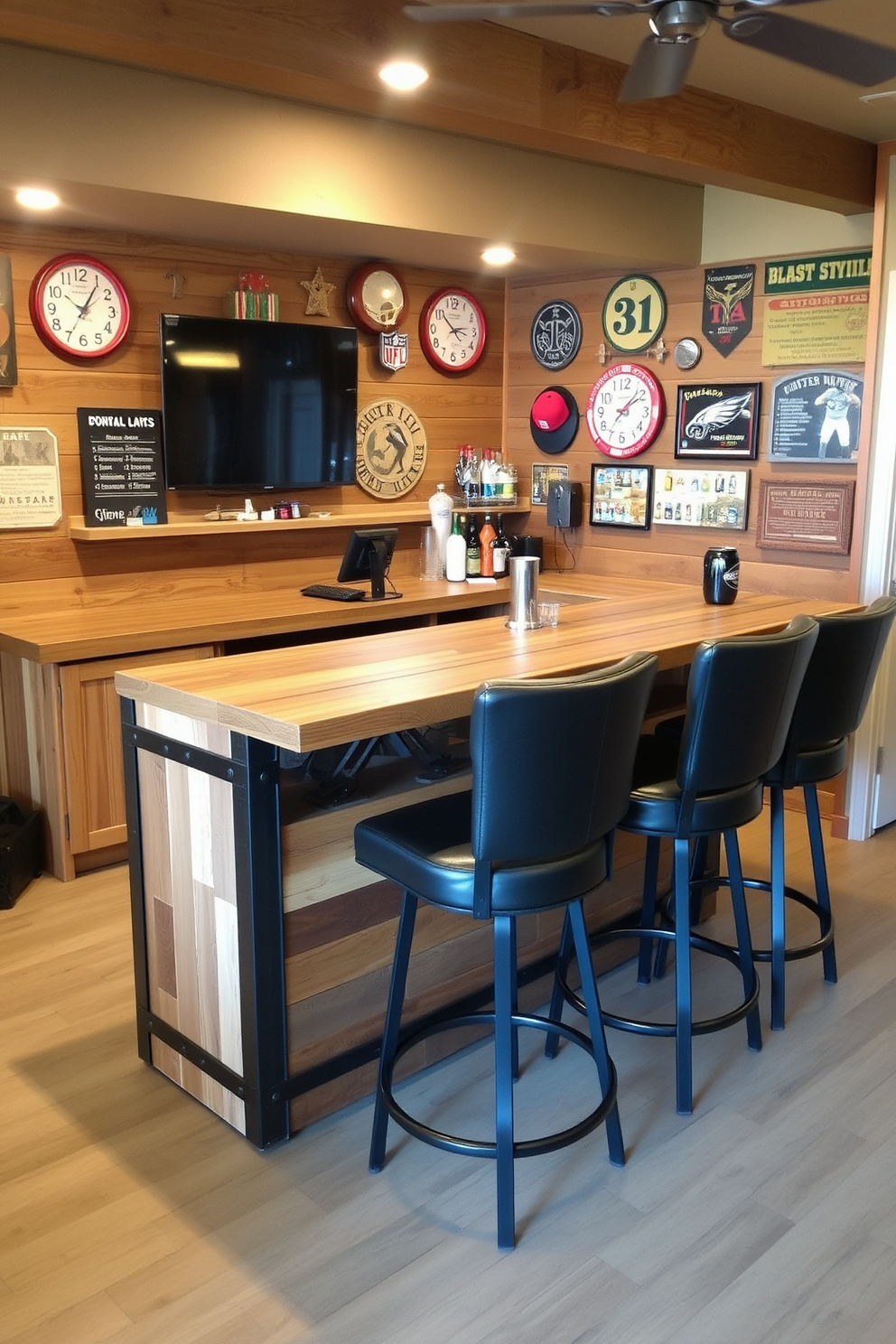 A rustic wood bar with high stools is the centerpiece of a cozy man cave. The bar features reclaimed wood with a natural finish, complemented by industrial-style metal accents. Surrounding the bar are comfortable high stools upholstered in dark leather. The walls are adorned with vintage sports memorabilia and warm lighting creates an inviting atmosphere.