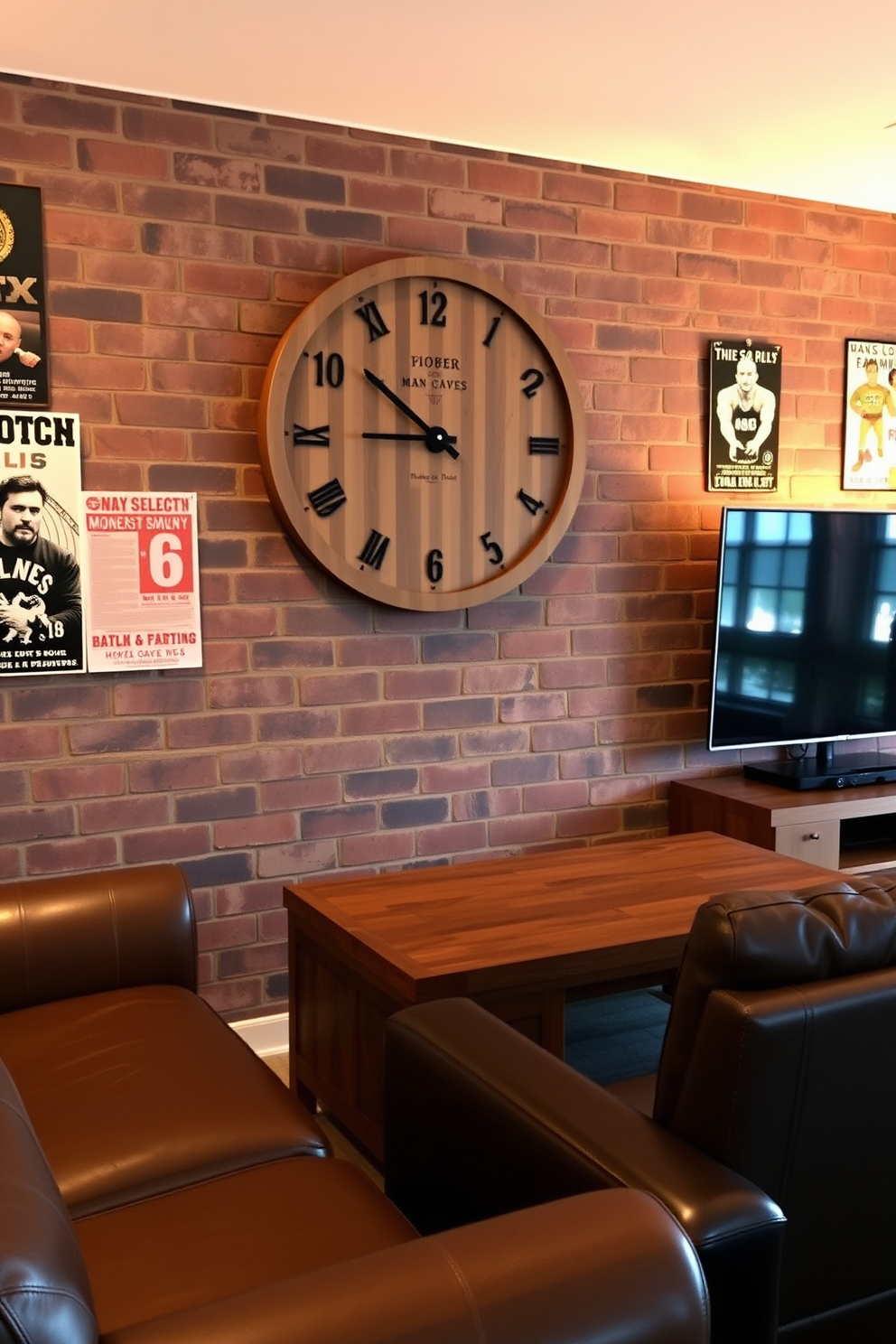 A personalized wall clock with a rustic wooden frame featuring custom engravings. The clock is mounted on a brick wall, surrounded by vintage posters and soft ambient lighting. Simple man cave design ideas include a cozy leather sofa paired with a reclaimed wood coffee table. A large flat-screen TV is mounted on the wall opposite the seating area, creating a perfect space for relaxation and entertainment.