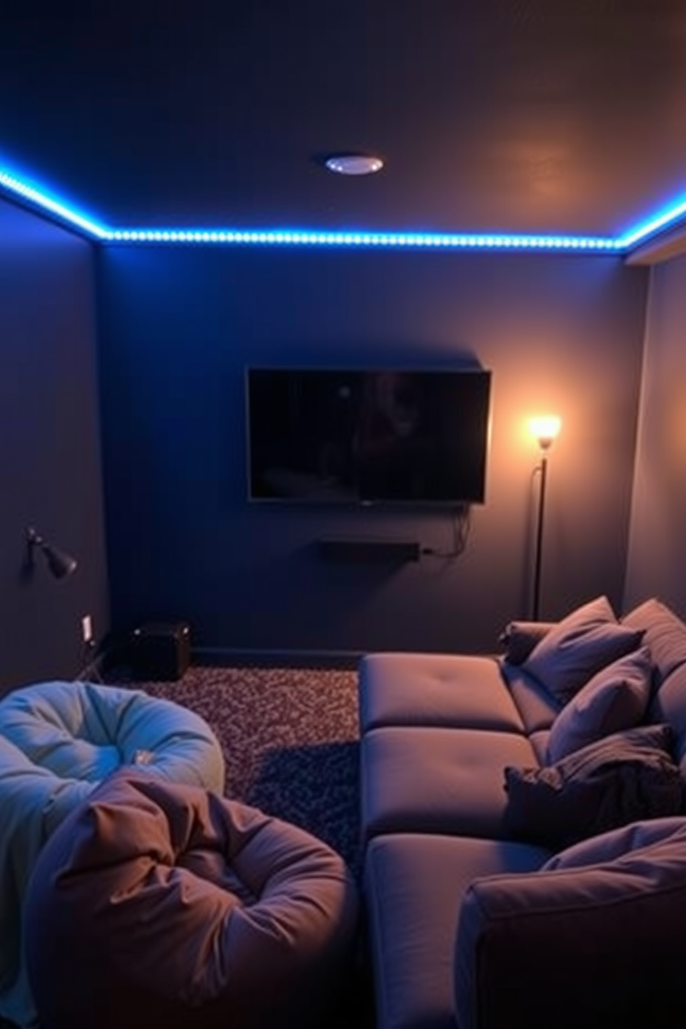 A cozy man cave designed for movie nights features a wall-mounted TV as the focal point. The space is adorned with comfortable seating, such as a plush sectional sofa and bean bags, creating an inviting atmosphere for relaxation. The walls are painted in a deep navy blue, enhancing the cinematic experience. Ambient lighting is provided by stylish floor lamps and LED strips, adding a modern touch to the overall design.