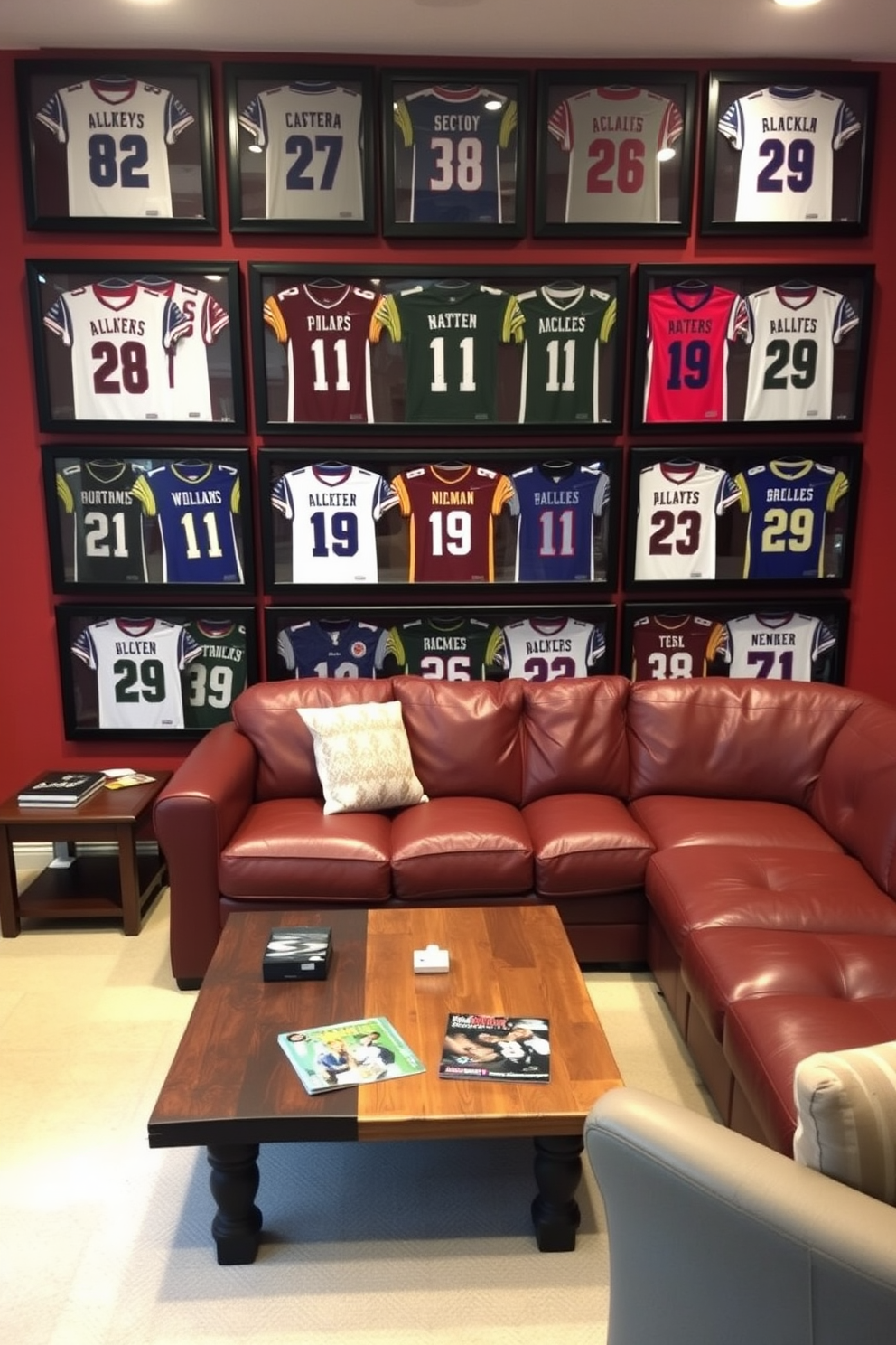 Framed sports jerseys are displayed prominently on the walls, creating a vibrant and personalized atmosphere. The jerseys are arranged in a grid pattern, each framed in sleek black frames that complement the room's color scheme. The man cave features a comfortable sectional sofa in a rich leather finish, inviting relaxation and socializing. A rustic wooden coffee table sits in the center, adorned with coasters and a few sports magazines for added charm.