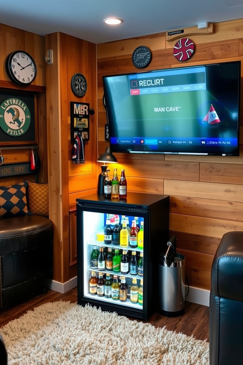 A mini fridge is placed in the corner of a cozy man cave, stocked with a variety of beverages including craft beers and soft drinks. The surrounding decor features a mix of rustic wood accents and comfortable seating, creating a relaxed atmosphere for entertaining friends. The walls are adorned with sports memorabilia and a large flat-screen TV is mounted for game day viewing. A plush area rug anchors the space, while ambient lighting adds a warm glow for evening gatherings.