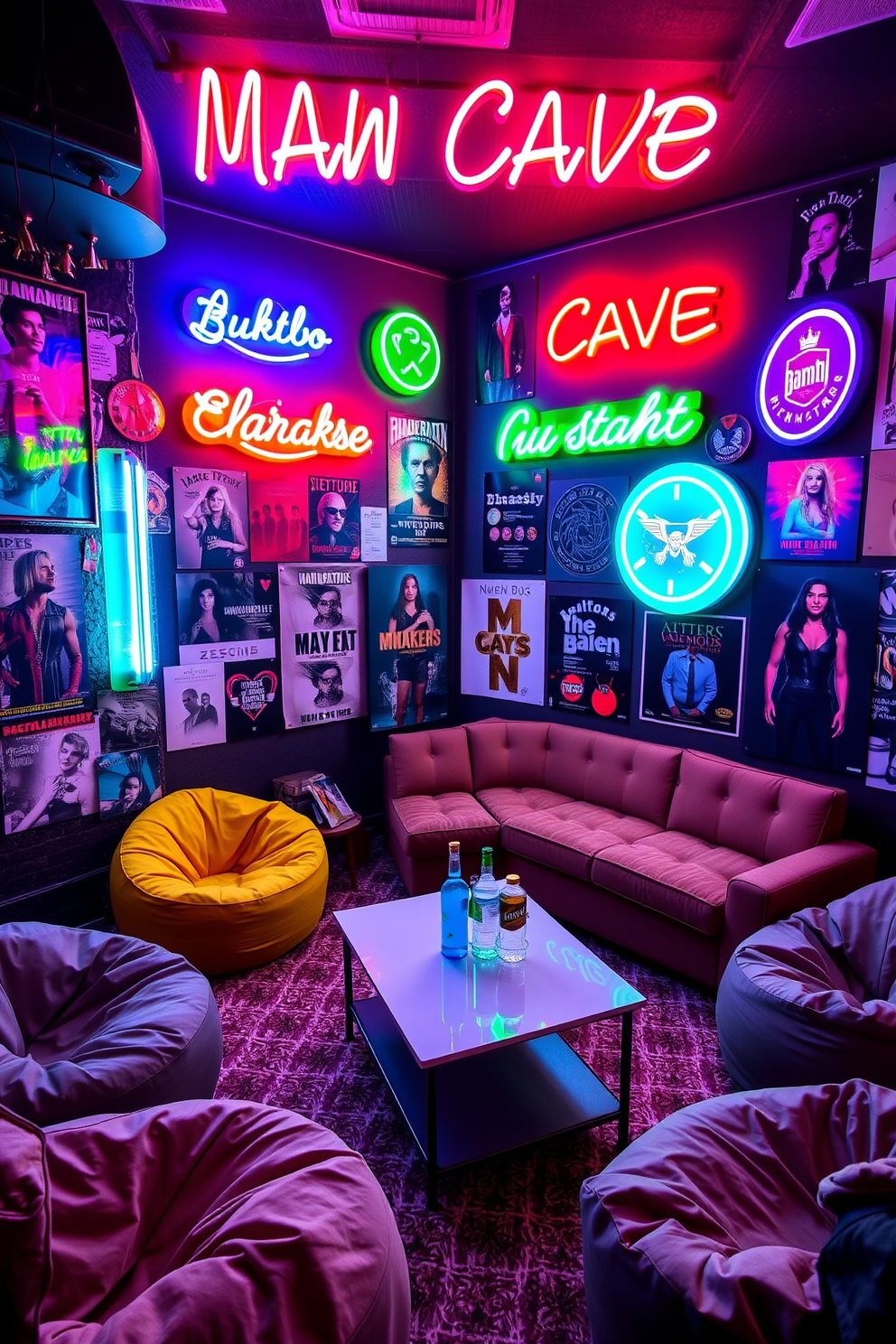 A vibrant man cave featuring neon signs in various colors illuminating the space. The walls are adorned with a mix of vintage posters and modern art, creating an eclectic atmosphere. Comfortable seating options include a plush sectional sofa and bean bags for a relaxed vibe. A sleek coffee table sits in the center, surrounded by a mini bar stocked with drinks and snacks.