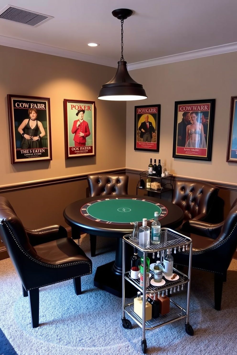 A cozy game table setup for poker nights. The table is surrounded by plush leather chairs, and a stylish pendant light hangs above it. The walls are adorned with framed vintage poker posters. A small bar cart in the corner holds an assortment of drinks and snacks for guests.