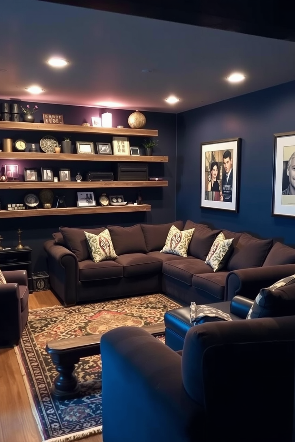 A mini fridge is placed in the corner of a cozy man cave, stocked with an assortment of favorite drinks including craft beers and sodas. The fridge is complemented by a rustic wooden shelf above it, displaying snacks and glassware for entertaining guests. The man cave features a comfortable leather sofa facing a large flat-screen TV mounted on the wall. Dark wood paneling surrounds the space, creating a warm and inviting atmosphere perfect for relaxation and entertainment.