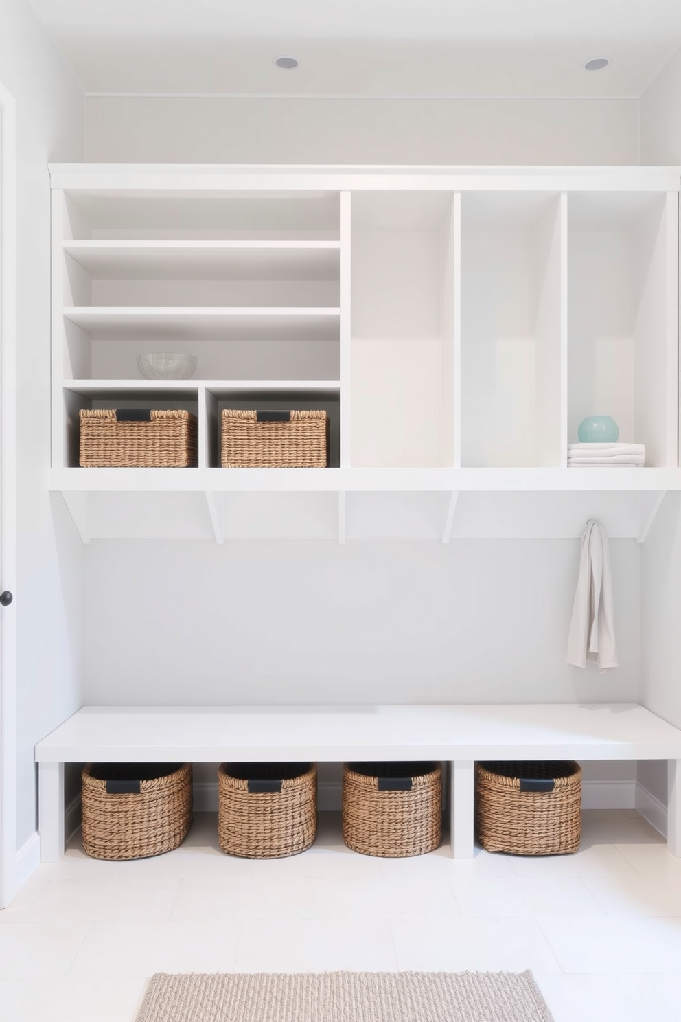 A minimalist mudroom features white shelving that extends across one wall, providing ample storage space. Below the shelving, neatly arranged baskets in natural fibers add warmth and texture to the clean aesthetic.