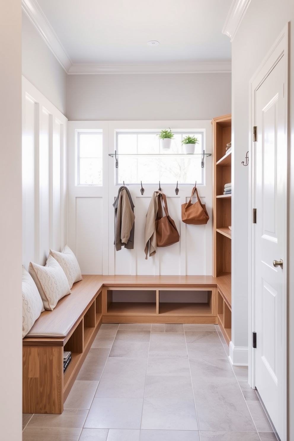 A serene mudroom featuring neutral tones that create a calming effect. The space includes built-in wooden benches with soft cushions and open shelving for storage. Light gray walls complement the warm wood accents and a durable tile floor. A few potted plants add a touch of greenery, while hooks line the wall for coats and bags.