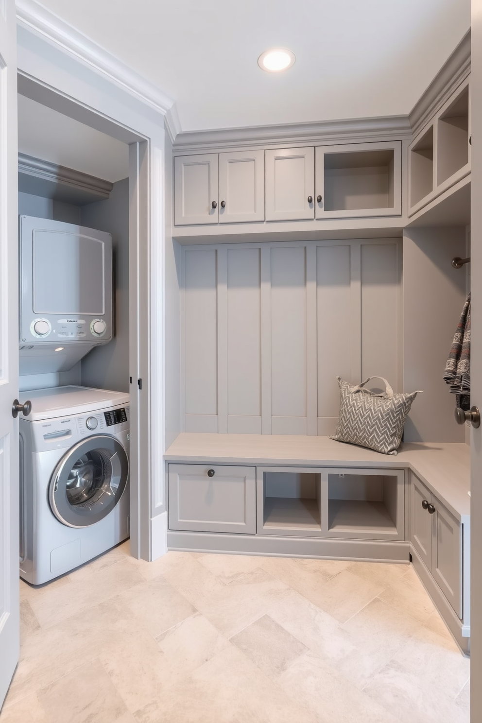 A functional mudroom featuring a built-in bench with storage cubbies above and below. To the left, there's a compact laundry area with a stacked washer and dryer, surrounded by cabinetry in a soft gray finish.