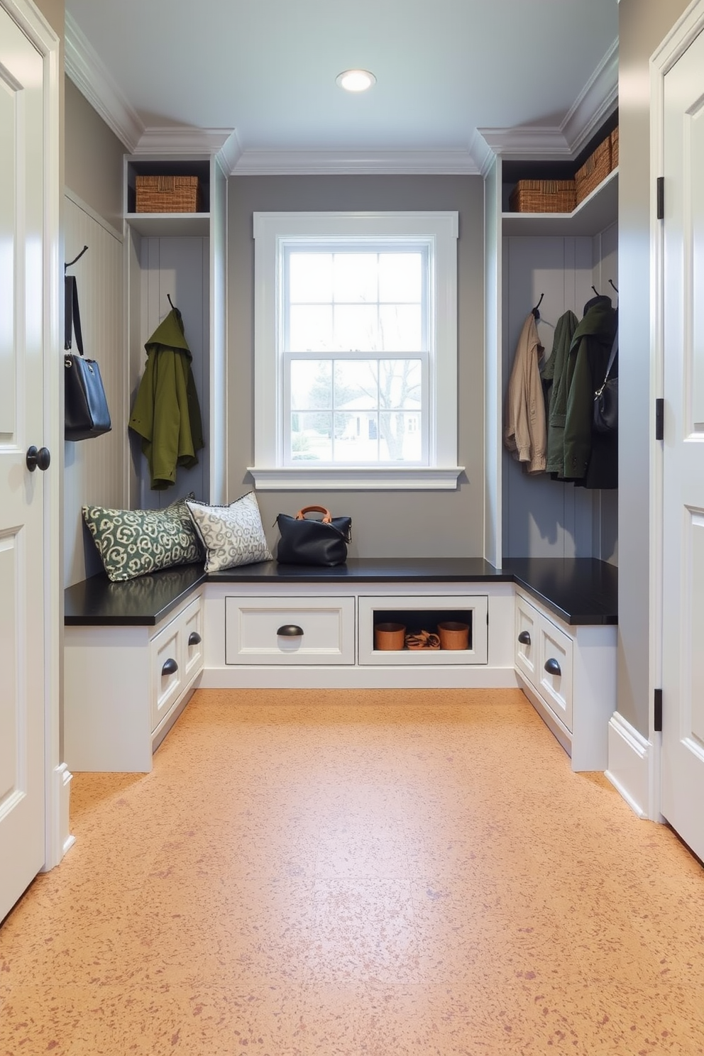 A serene mudroom featuring neutral tones to create a calming atmosphere. The space includes built-in wooden benches with soft cushions and a row of hooks for coats and bags. Light gray walls complement the natural wood elements, while a patterned rug adds texture underfoot. A large window allows natural light to flood the area, enhancing the inviting ambiance.