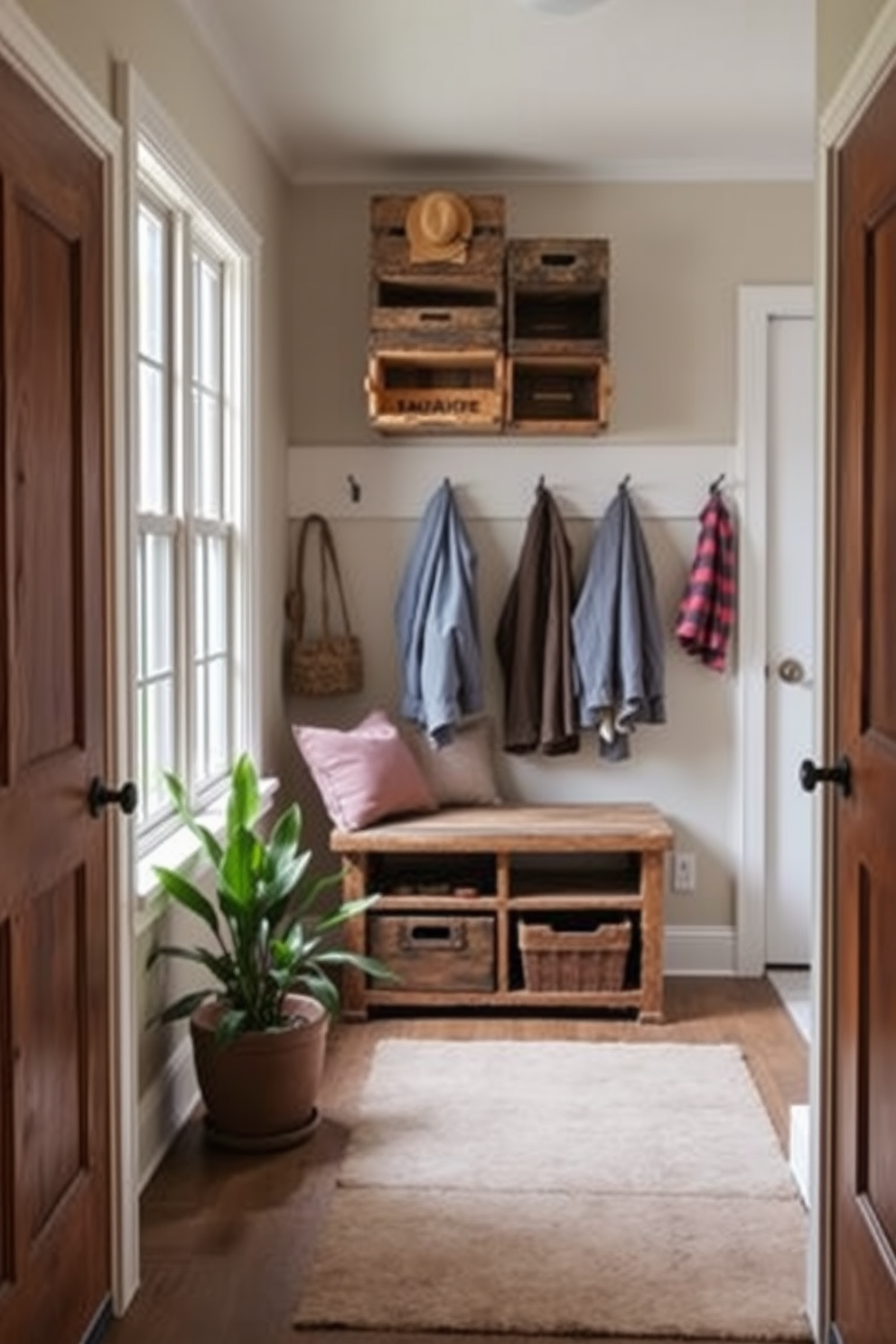 A cozy mudroom featuring vintage wooden crates stacked against the wall for unique storage solutions. The space is adorned with a rustic bench and hooks for coats, with a soft rug underfoot for added warmth. The mudroom has a light color palette with soft beige walls and natural wood accents. A potted plant sits beside the entrance, bringing a touch of greenery to the inviting space.