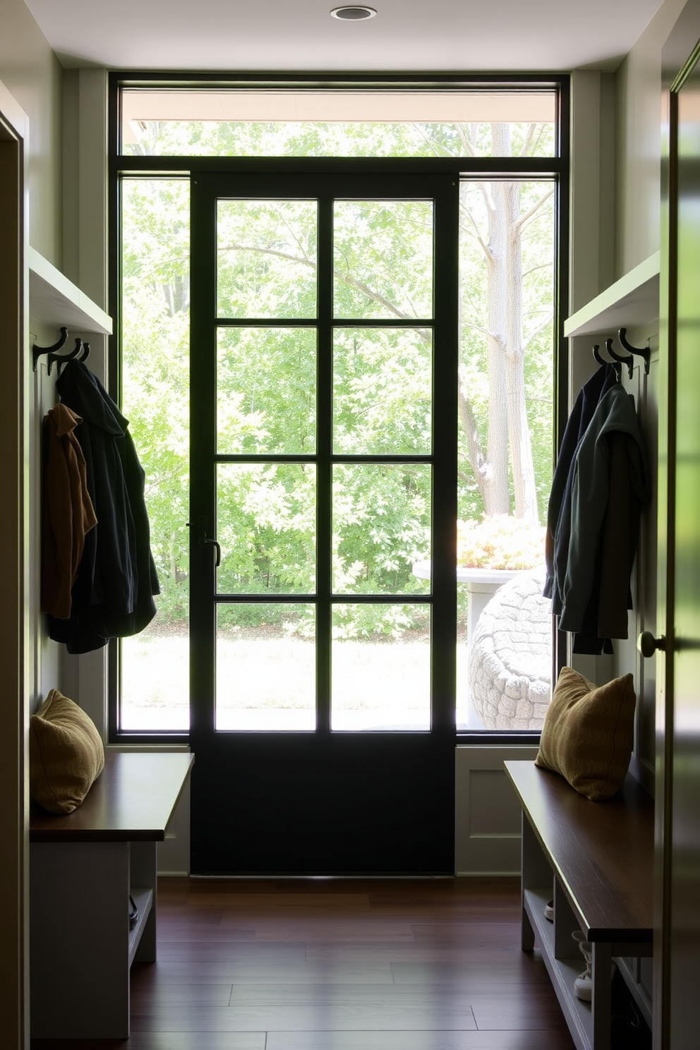 A welcoming mudroom featuring a large glass door that allows ample natural light to flood the space. The design includes built-in benches with storage underneath and hooks for hanging coats, creating an organized and functional area.